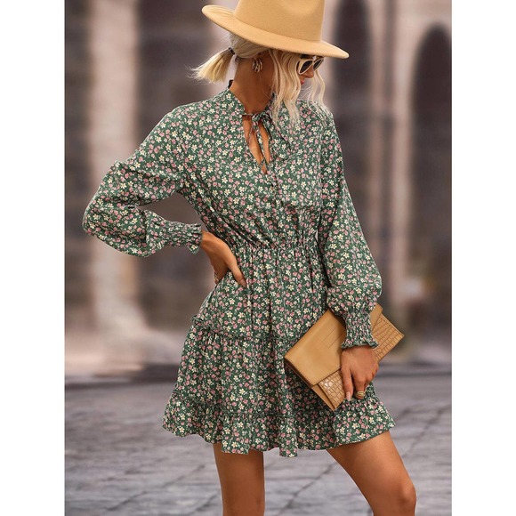 Ditsy Floral Frill Trim Tie-Neck Dress - Picture 3 of 5